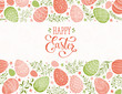 Happy Easter greeting card. Eggs composition hand drawn black on white background. Decorative frame from Easter eggs and florals.