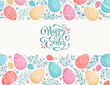 Happy Easter greeting card. Eggs composition hand drawn black on white background. Decorative frame from Easter eggs and florals.