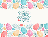 Fototapeta Łazienka - Happy Easter greeting card. Eggs composition hand drawn black on white background. Decorative frame from Easter eggs and florals.