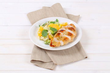 Poster - roasted chicken breast with rice and oranges