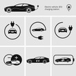 Vector illustration charging station for electric car. Icons pin point electric vehicle charging station. Isolated electric car. Symbols hybrid cars.