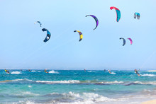Kitesurfers On The Lefkada Island, Greece.