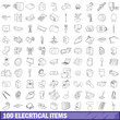 100 electrical items icons set, outline style