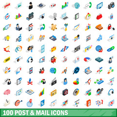 Poster - 100 post and mail icons set, isometric 3d style