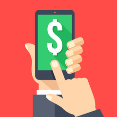 Poster - Dollar sign on smartphone screen. Mobile business, e-commerce, budget, finance app concepts. Hand holding smartphone, finger touching screen. Modern flat design vector illustration