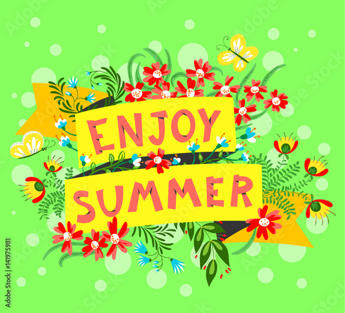 Summer Floral Banner Enjoy Summer Lettering Cute Ribbon With