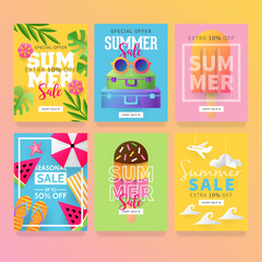 Wall Mural - Summer sale banner template set for social media and mobile apps with paper art travel and vacation background. Vector illustration