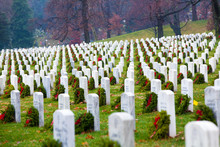Gravestones With Christmas Wreaths In Arlington National Cemetery - Washington DC United States