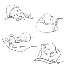 Set With Cute Little Sleeping Baby& Different Sleeping Positions. Children On Pillow. On Hand, With Blanket, With Teddy Bear. Logo For Sleep Expert. Line Art One Color Vector Illustration.
