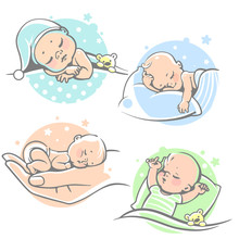 Set With Cute Little Baby Sleeping.Children Lying On Pillow Under Blanket. Boy With Teddy Bear In Bed. Girl Sleep On Stomach. Different Sleeping Positions. Sketchy Style. Vector Illustrations.
