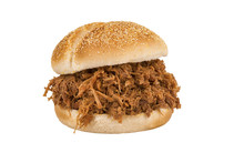 Close Up On Pulled Pork Sandwich Isolated On White Background.