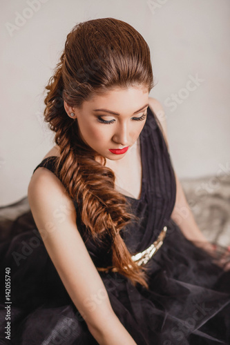 Beautiful Brunette Girl In Black Quinceanera Dresses Bright Makeup
