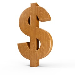 Fototapete - 3d Rendering wood material Dollar symbol $ isolated white background