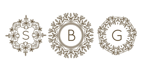 Wall Mural - Monogram logo and text badge emblem line art vector illustration luxury template flourishes calligraphic leaves elegant ornament sign.