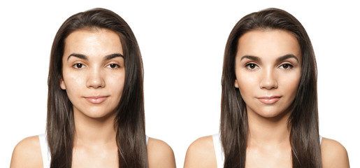 Sticker - Young woman before and after makeup application on white background