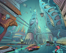Underwater Fantastic City. Concept Art Illustration. Sketch Gaming Design. Fantastic Vehicles, Trees, People. Hand Drawn Vector Painting. 