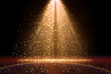 Stage Light And Golden Glitter Lights On Floor. Abstract Gold Background For Display Your Product. Spotlight Realistic Ray
