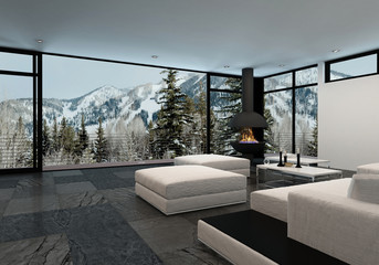 Minimalist luxury home interior in the mountains