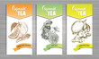 © olga_zaripova - Design template for organic tea with different flavors. Cards with ink hand drawn citrus fruits and spices on a wooden background. Vector illustration.