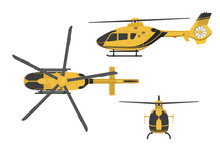 Orange Helicopter On A White Background. Side, Front, Top View
