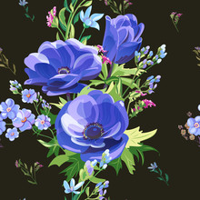 Vector Square Floral Seamless Pattern With Blue Flowers, Anemone, Forget-me-not, Stems And Leaves On Black Background, Digital Draw, Botanical Illustration, Surface Design