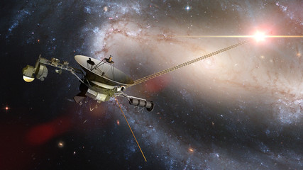 voyager spacecraft in front of a galaxy and a bright nearby star in deep space