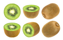 Isolated Kiwi Fruit. Collection Of Whole And Cut Kiwi Isolated On White Background With Clipping Path.