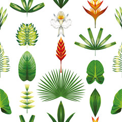Wall Mural - Seamless symmetric tropical flowers and leaves white background