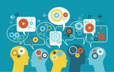 Poster - silhouette of a man's head with speech bubbles, gears and business icons
