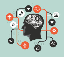 Poster - Silhouette of a man's head with gears in the shape of a brain surrounded by icons