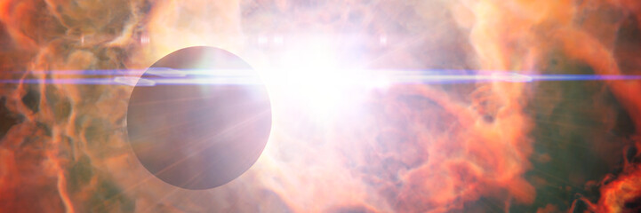 Wall Mural - planet orbiting a bright star in a beautiful vibrant nebula (banner format 1x3, 3d illustration)