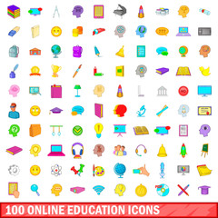 Poster - 100 online education icons set, cartoon style