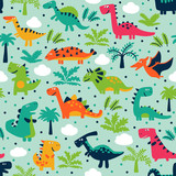 Fototapeta Dinusie - Adorable seamless pattern with funny dinosaurs in cartoon