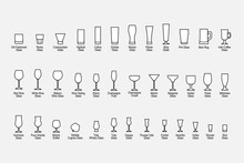 Types Of Glasses With Names, Line Icons Set. Vector Illustration