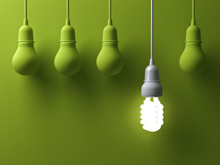 Poster - One hanging energy saving light bulb glowing different stand out from unlit incandescent lightbulbs on green background with shadow , leadership and different creative idea concept . 3D rendering.