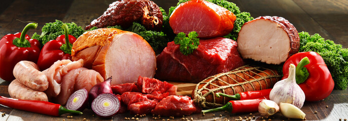 Variety of meat products including ham and sausages