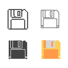 Set Retro Floppy Disk Flat, Line And Pixel Icon
