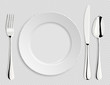 Realistic empty vector plate with spoon, knife and fork isolated. Design template in EPS10.