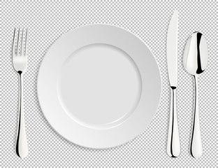 realistic empty vector plate with spoon, knife and fork isolated. design template in eps10.