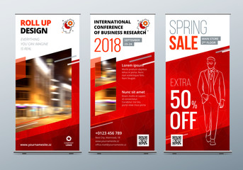 Wall Mural - Roll Up banner stand. Presentation concept. Red Corporate business roll up template background. Vertical template billboard, banner stand or flag design layout. Poster for conference, forum, shop