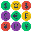  Set of colored flat icons with currency symbols