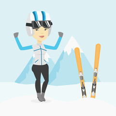 Poster - Cheerful skier standing with raised hands.