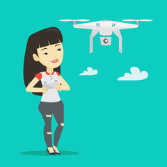 Wall Mural - Woman flying drone vector illustration.