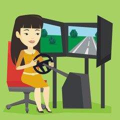 Canvas Print - Woman playing video game with gaming wheel.