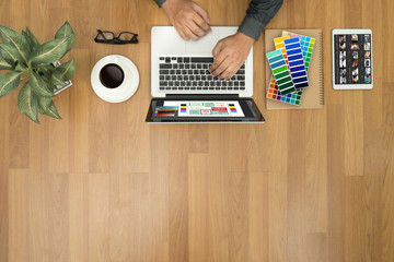 Aufkleber - Creative Designer Graphic at work. Color swatch samples, Illustrator Graphic designer working digital tablet and computer