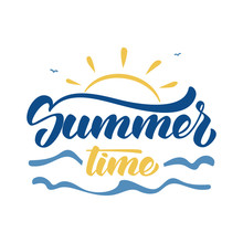 Vector Illustration: Brush Lettering Composition Of Summer Time With Sun, Waves And Birds On White Background.