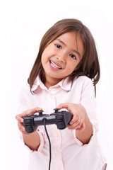 Wall Mural - happy little girl gamer playing video game