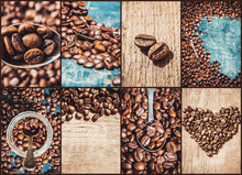 Collage Of Coffee. A Lot Of Pictures. Selective Focus.  
