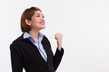 smiling, happy, confident, successful businesswoman looking up, concept of success of secretary, executive, job, manager