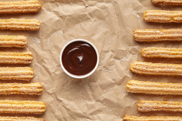 Wall Mural - churros traditional homemade spain breakfast or lunch street fast food baked sweet dough snack desse